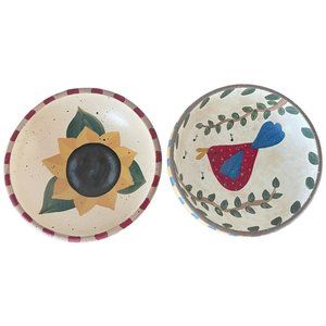 Set of 2, Wooden Handpainted Bowls, Sunflower and Bird Designs, Country Decor